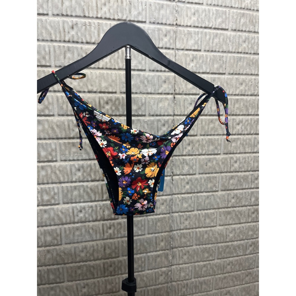 Halcurt Floral Side Tie Bikini Bottoms Black Multi Color Medium NWT